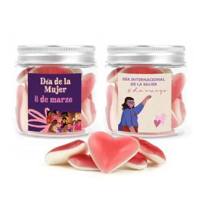 Chuches Gominolas Corazones Haribo® en Bote Personalizado para el Día de la Mujer 8M