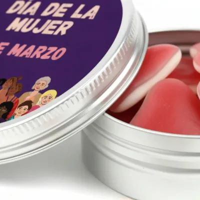 Chuches Gominolas Corazones Haribo® en Latita de Aluminio Personalizada para el Día de la Mujer 8M detalle