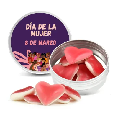 Chuches Gominolas Corazones Haribo® en Latita de Aluminio Personalizada para el Día de la Mujer 8M