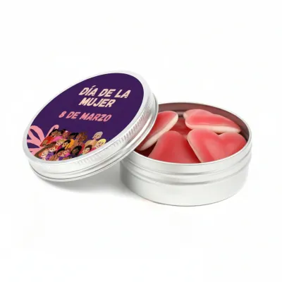 Chuches Gominolas Corazones Haribo® en Latita de Aluminio Personalizada para el Día de la Mujer 8M frontal