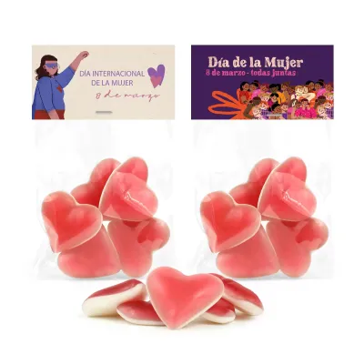 Chuches Gominolas Corazones Haribo® en Bolsita de Celofán con Topcard Personalizada para el Día de la Mujer 8M