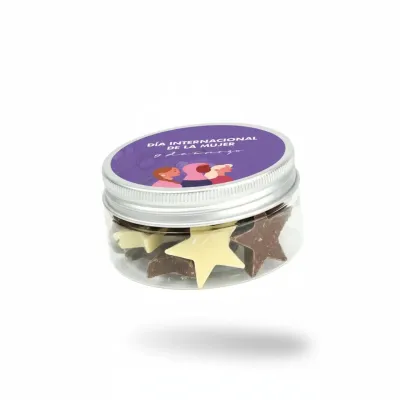 Estrellas de Chocolate en Botecito Personalizado para el Día de la Mujer 8M flotando