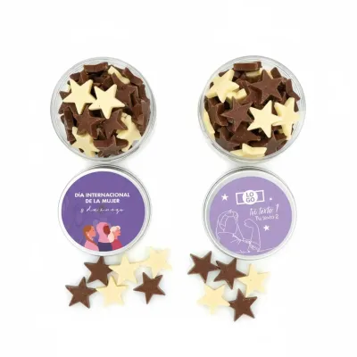 Estrellas de Chocolate en Bote Personalizado para el Día de la Mujer 8M cenital