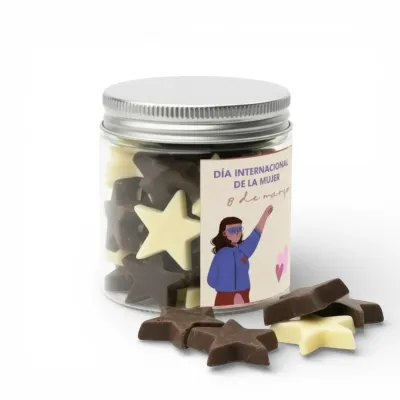 Estrellas de Chocolate en Bote Personalizado para el Día de la Mujer 8M lateral