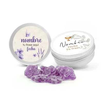 Caramelos Violetas en Latita Redonda Personalizada para Comunión