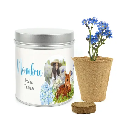 Cultivo de Flor No Me Olvides en Lata Personalizada para Comunión