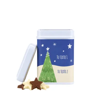 Latita cuadrada personalizada con estrellas de chocolate para Navidad