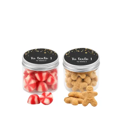Bote PET personalizado con chuches navideñas: gominolas Sr. Jengibre o besos twist