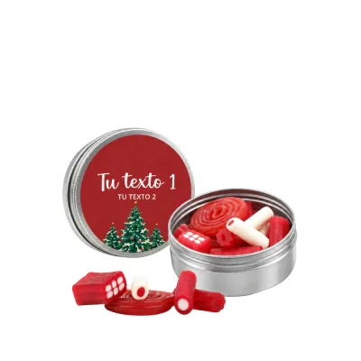 Regaliz Haribo rojo y blanco en latita de aluminio personalizada para Navidad